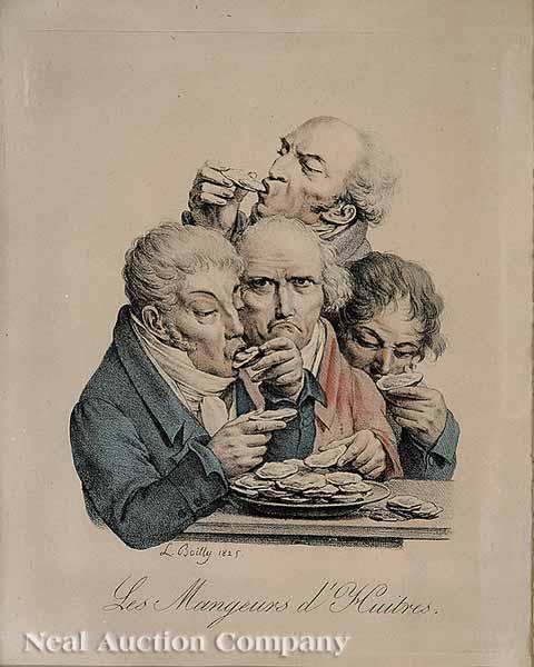 Appraisal: After Louis-Leopold Boilly French - Slurping Oysters c hand-colored engraving