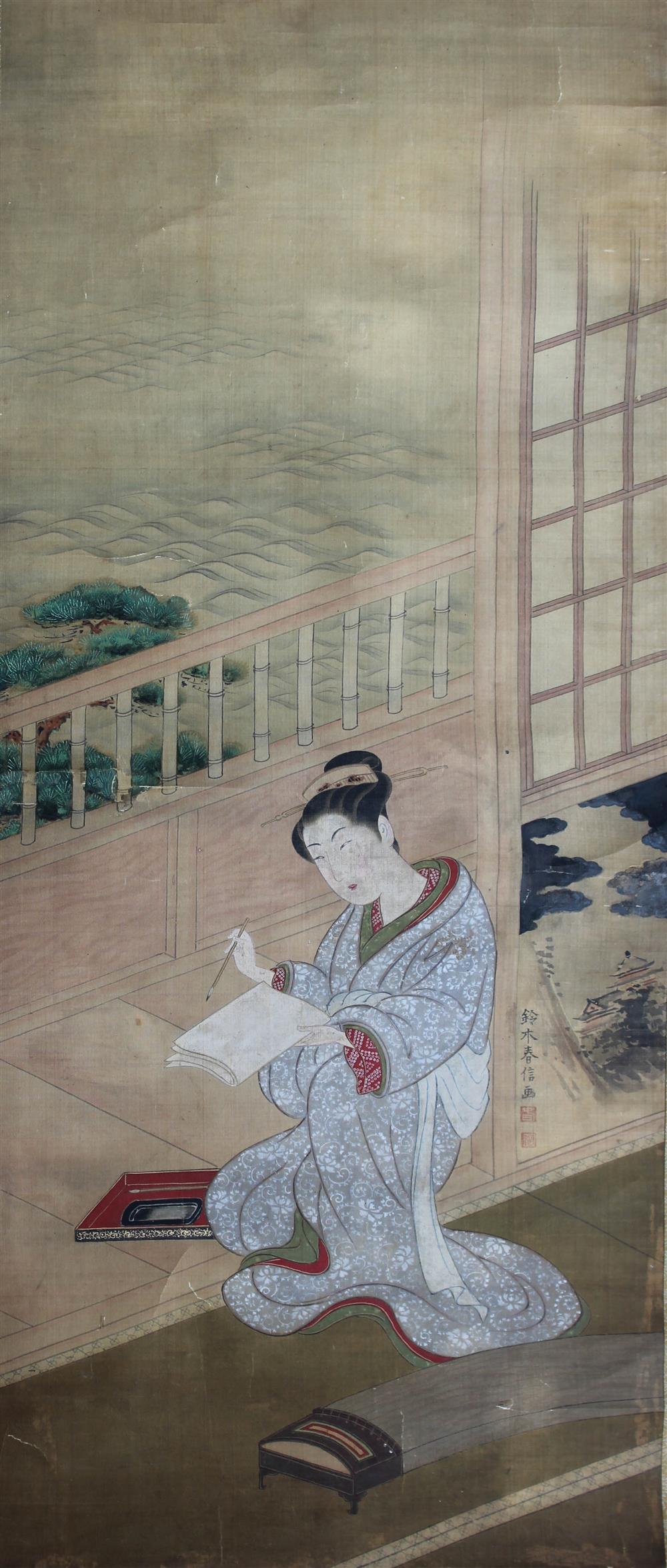 Appraisal: JAPANESE NIKUHITSU UKIYO-E STYLE KAKEMONO SCROLL PAINTING bearing the signature