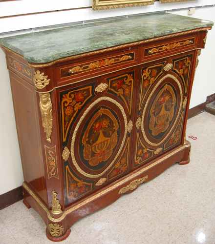 Appraisal: LOUIS XVI STYLE MARQUETRY AND ORMOLU-MOUNTED SIDE CABINET having a