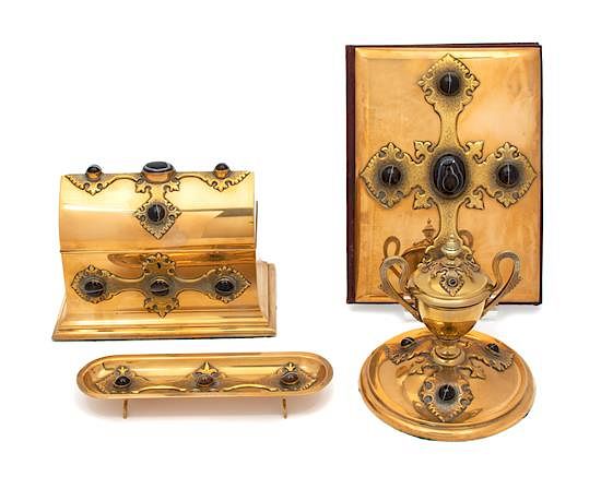 Appraisal: A Victorian Brass and Scottish Agate Cabochon Inlaid Desk Set