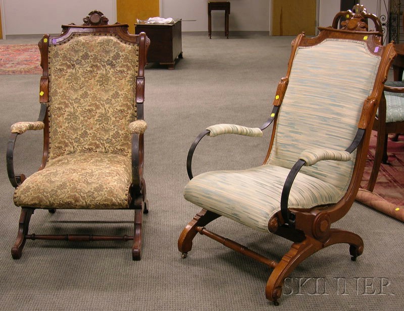 Appraisal: Two Victorian Renaissance Revival Upholstered Carved Walnut Platform Rockers