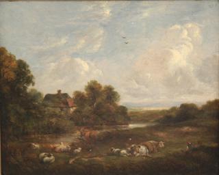 Appraisal: TH C OIL ON METAL LANDSCAPE PAINTING WITH SHEEP AND