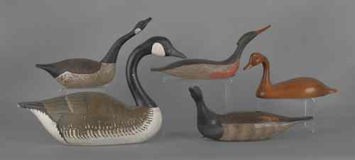 Appraisal: Five contemporary carved and painted decoys largest goose branded M