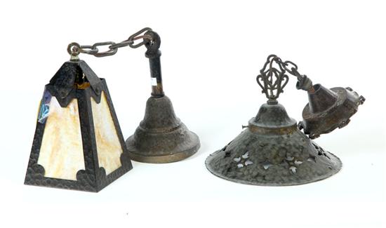 Appraisal: TWO HANGING LIGHTS American mid th century hammered copper Arts