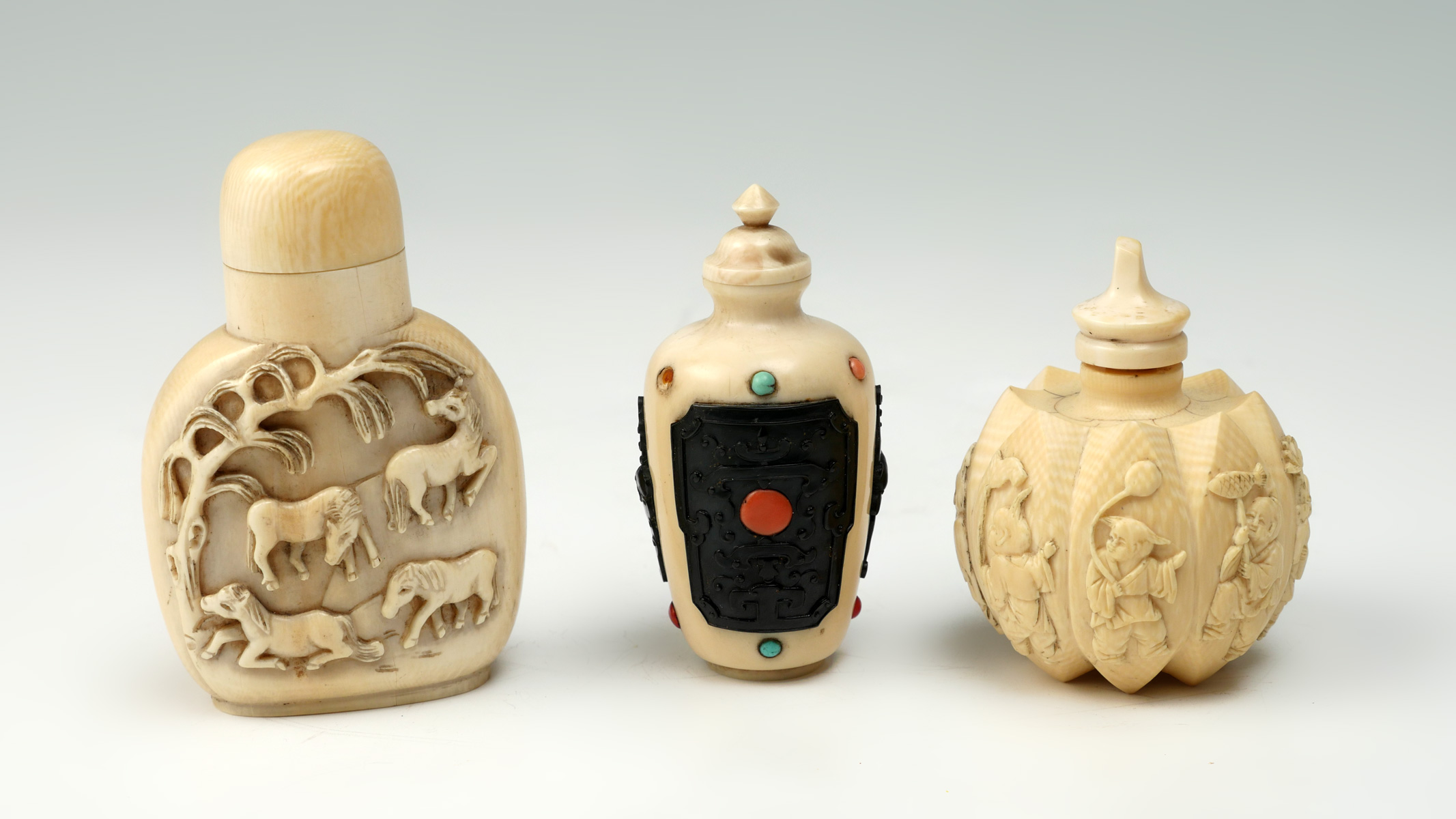 Appraisal: PC CARVED IVORY CHINESE SNUFF BOTTLE COLLECTION - Qing dynasty