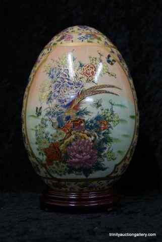 Appraisal: Cloisonne Hand Painted Ceramic Egg w StandFrom the estate is