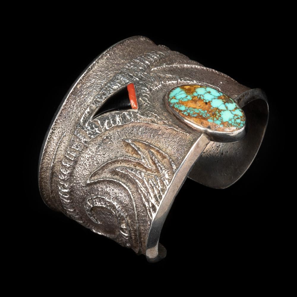 Appraisal: Preston Monongye Hopi - Sandcast Cuff ca s turquoise coral