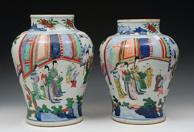 Appraisal: TWO CHINESE WUCAI DECORATED JARS of inverted baluster form decorated