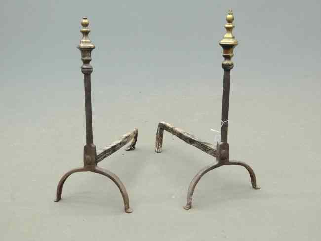 Appraisal: Pair th c brass and iron andirons '' Ht