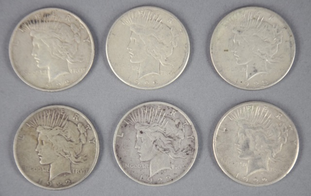 Appraisal: Six Peace DollarsIn various circulated grades Consists of coins and