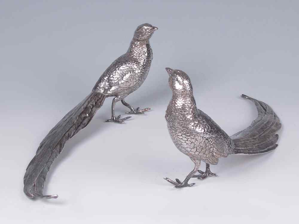 Appraisal: PAIR JENNINGS BROTHERS SILVERPLATE TABLE PHEASANTS Marked JB '' x