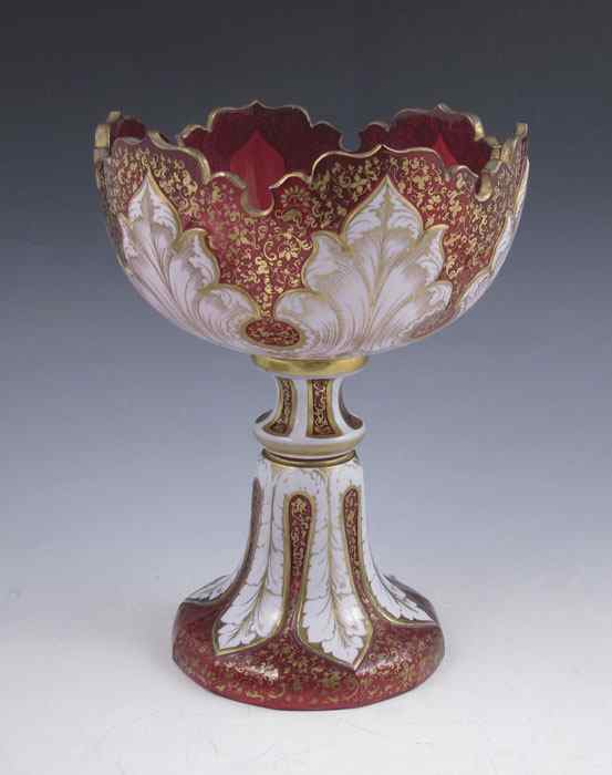 Appraisal: EARLY BOHEMIAN PEDESTAL CENTER BOWL Cranberry with white overlay gold