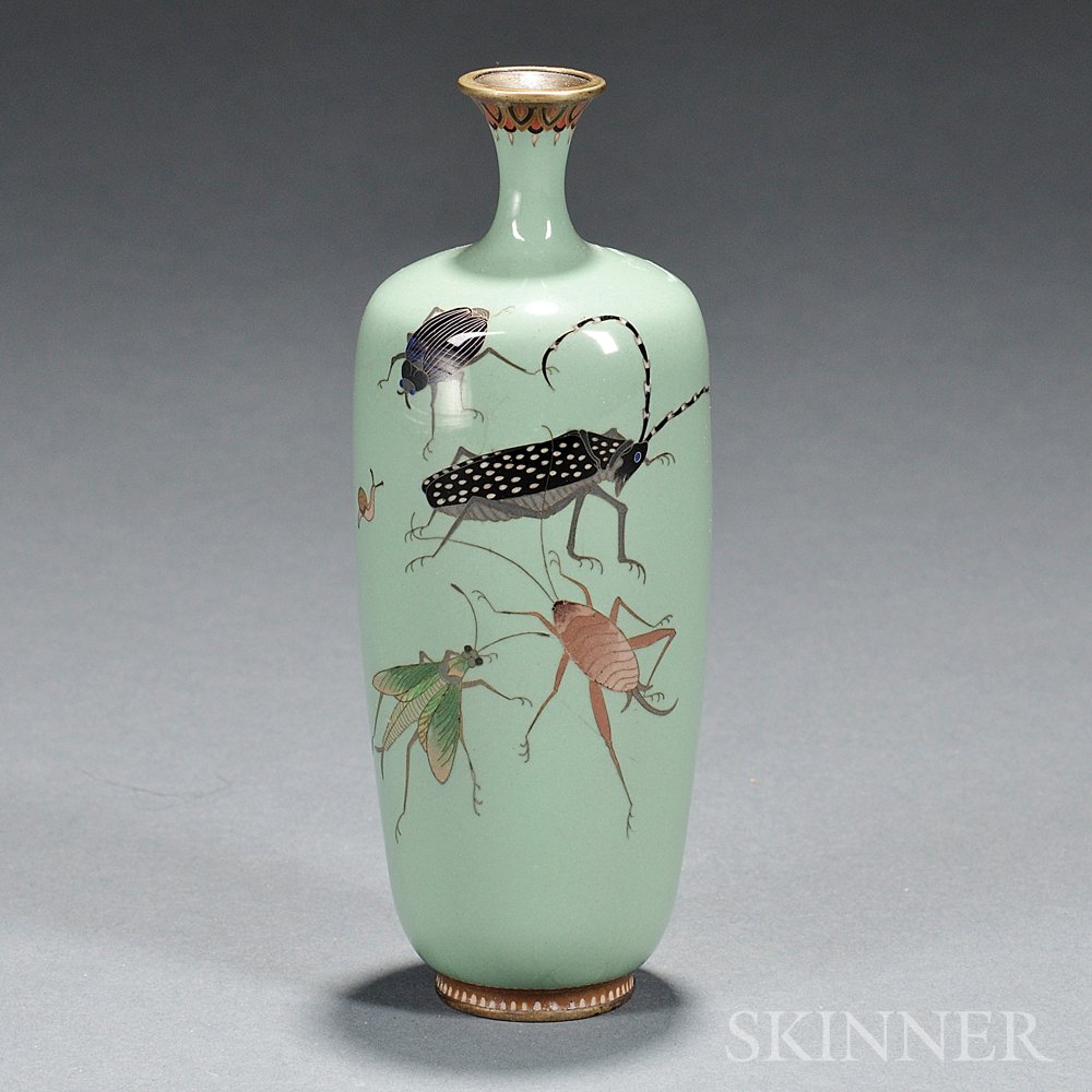 Appraisal: Cloisonne Vase with Insects Japan bulbous-shape with waisted neck and