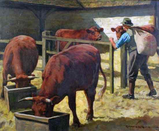 Appraisal: William Gunning King - oil on canvas Farmer feeding cattle