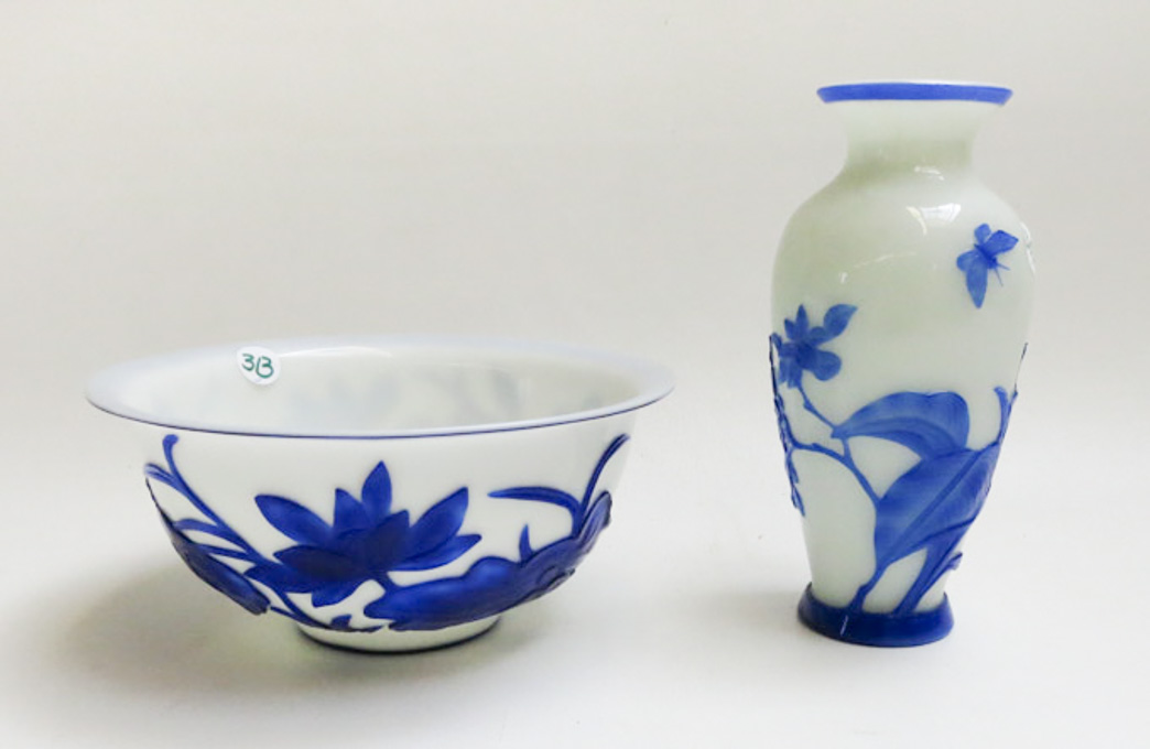 Appraisal: A CHINESE PEKING GLASS VASE AND BOWL in blue cameo