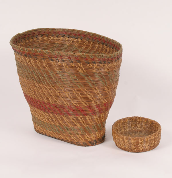 Appraisal: Native American Indian pine needle baskets wooden bases geometric patterns