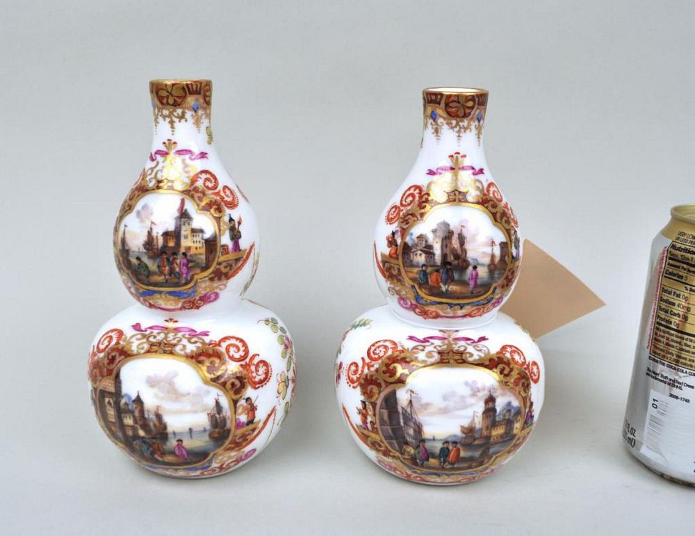 Appraisal: Pair Dresden Porcelain Double Gourd Form Vases with Augustus Rex