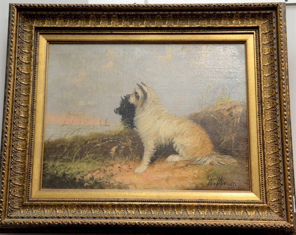 Appraisal: William Warren - oil on canvas Two Dogs Looking out