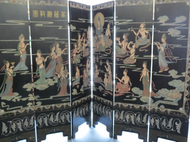 Appraisal: Japanese Carved Lacquerware Screen six panel goddess designs on one