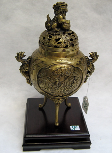 Appraisal: AN ORNATE CHINESE GILT BRONZE COVERED CENSER tri-pod footed decorated