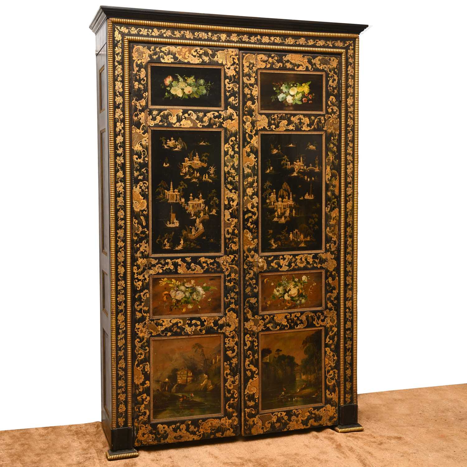 Appraisal: AMAZING CONTINENTAL BLACK JAPANNED DOOR CABINET th c and later