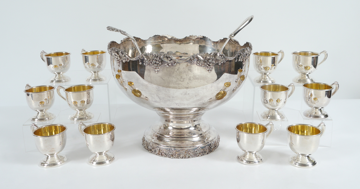 Appraisal: SILVERPLATE PUNCHBOWL CUPS LADLES An assembled pieces total with grapevine