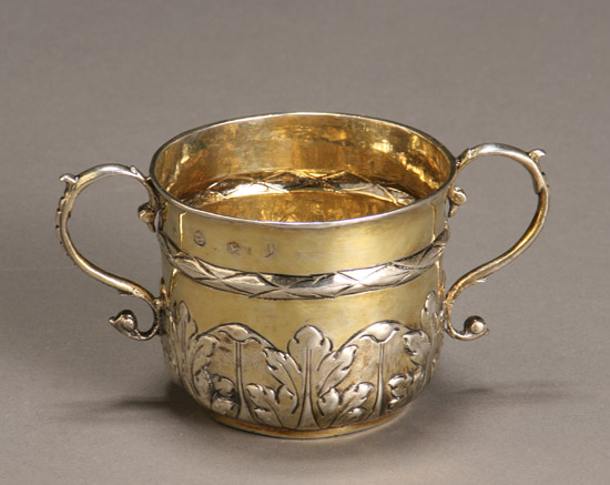 Appraisal: William and Mary Silver Gilt Caudle Cup Maker's mark Illegible