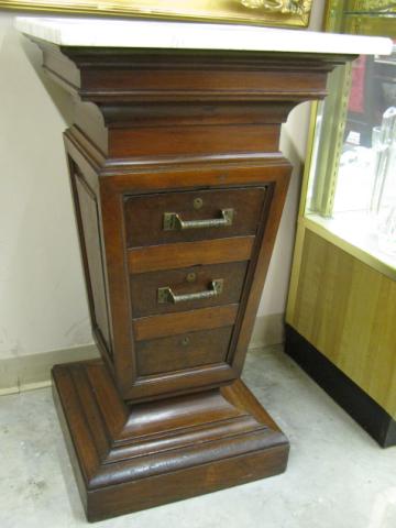 Appraisal: Walnut Victorian Marble Top Pedestal with Drawers burled veneer drawer