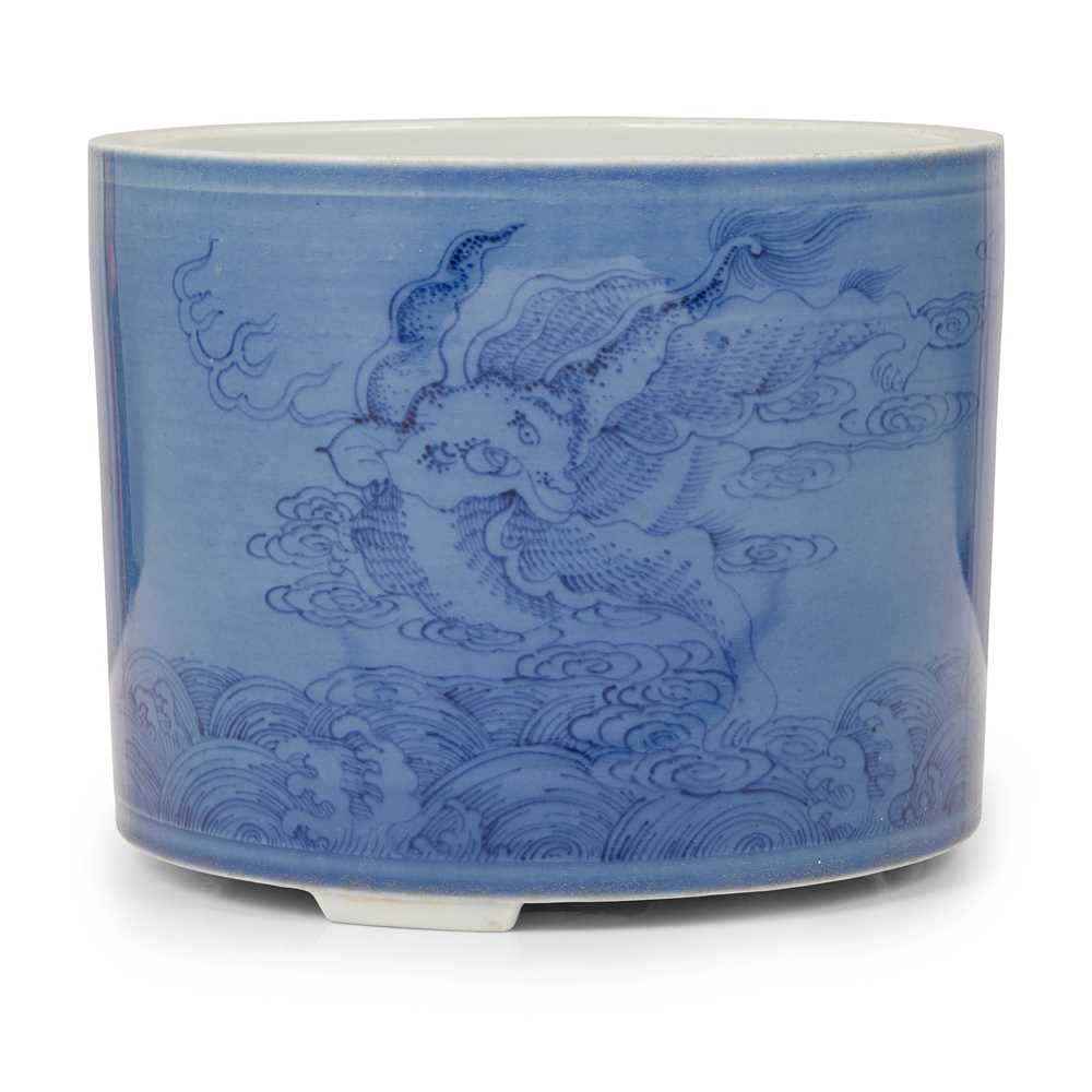 Appraisal: BLUE AND WHITE WITH BLUE-GROUND 'QILIN' BRUSH POT ' '