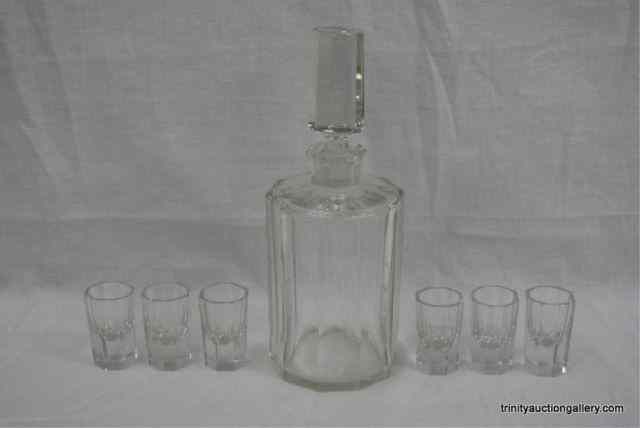 Appraisal: Vtg Cut Glass Whiskey Decanter Shot GlassesUnmarked by maker is