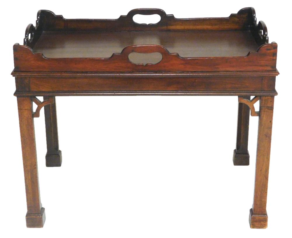 Appraisal: Mahogany Chinese Chippendale style tray-top table four square legs with