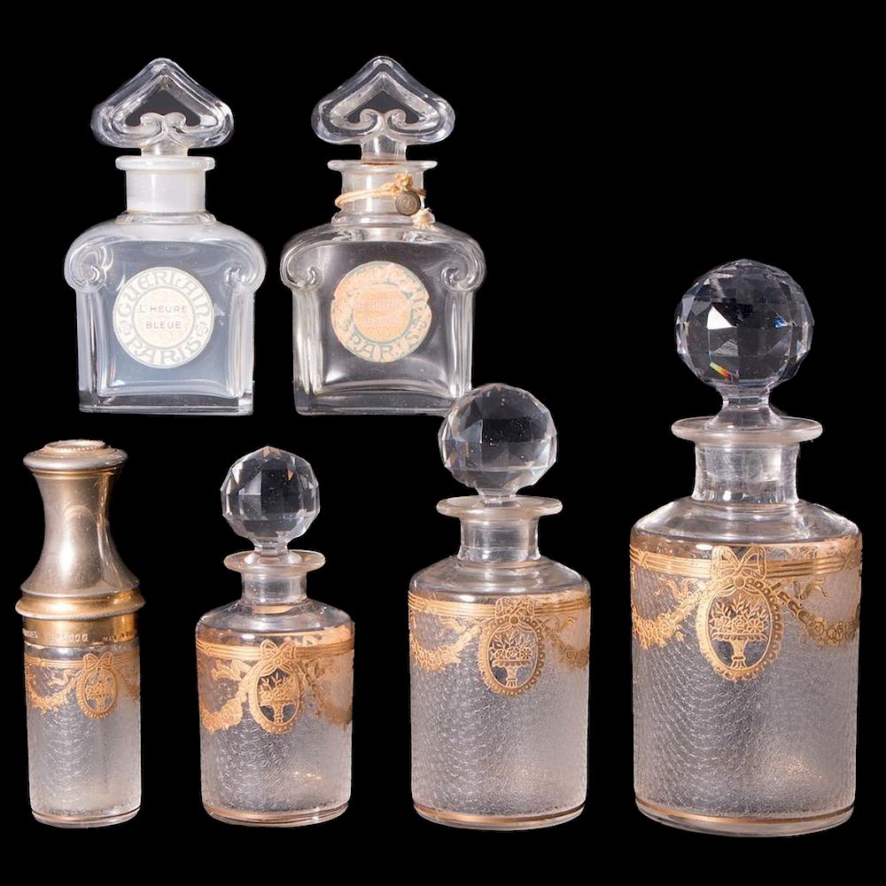 Appraisal: Two Guerlain Perfume Bottles with Four Matching Dresser Two Baccarat