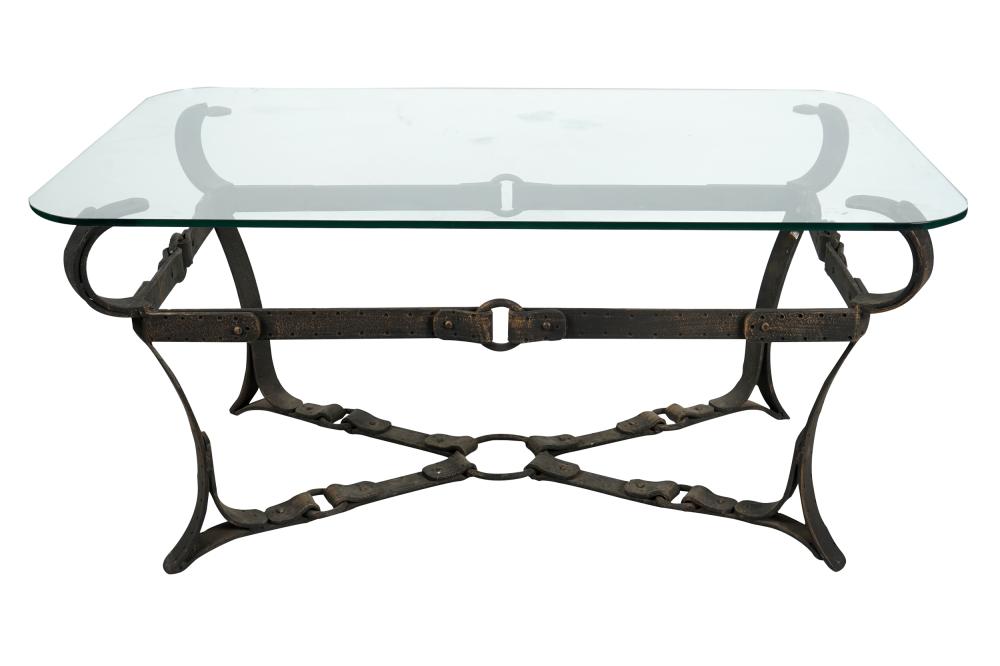 Appraisal: GLASS WROUGHT IRON COFFEE TABLEthe top with rounded corners inches