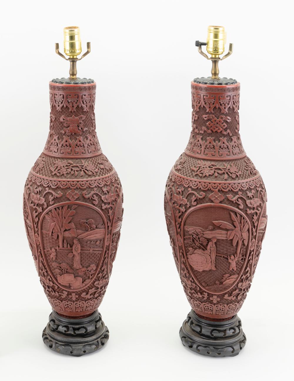 Appraisal: PAIR OF CHINESE CINNABAR TABLE LAMPS TH CENTURY HEIGHTS HEIGHTS