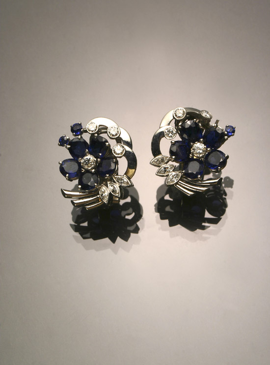 Appraisal: Pair of Tested Platinum Diamond and Blue Sapphire Ear Clips