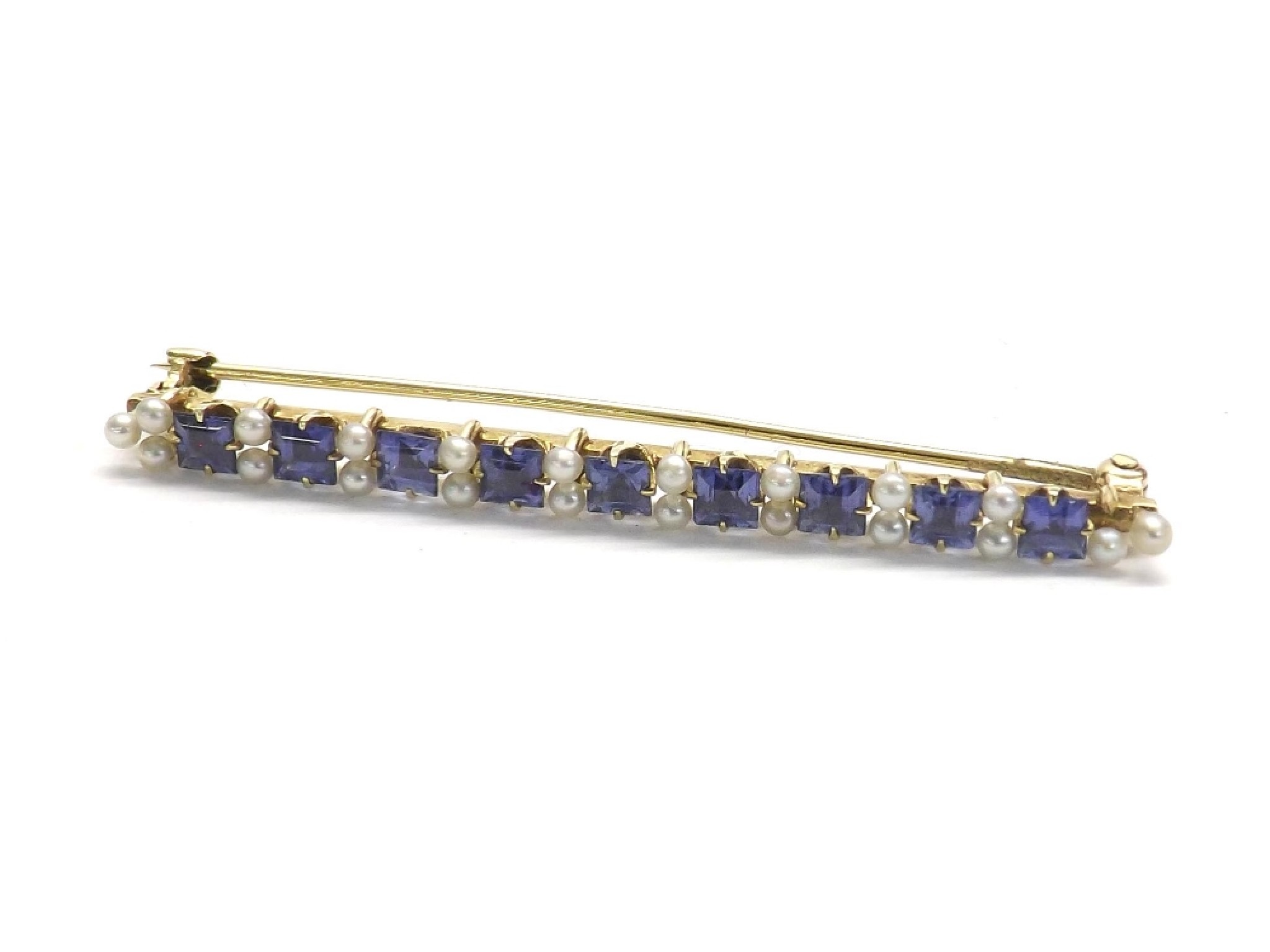 Appraisal: Blue stone and seed pearl yellow gold brooch mm wide