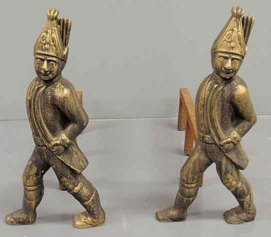 Appraisal: Pair of cast brass Revolutionary War soldier andirons h x