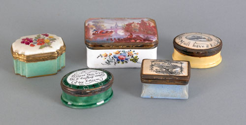 Appraisal: Five English and Continental porcelain and enamel patch boxes th