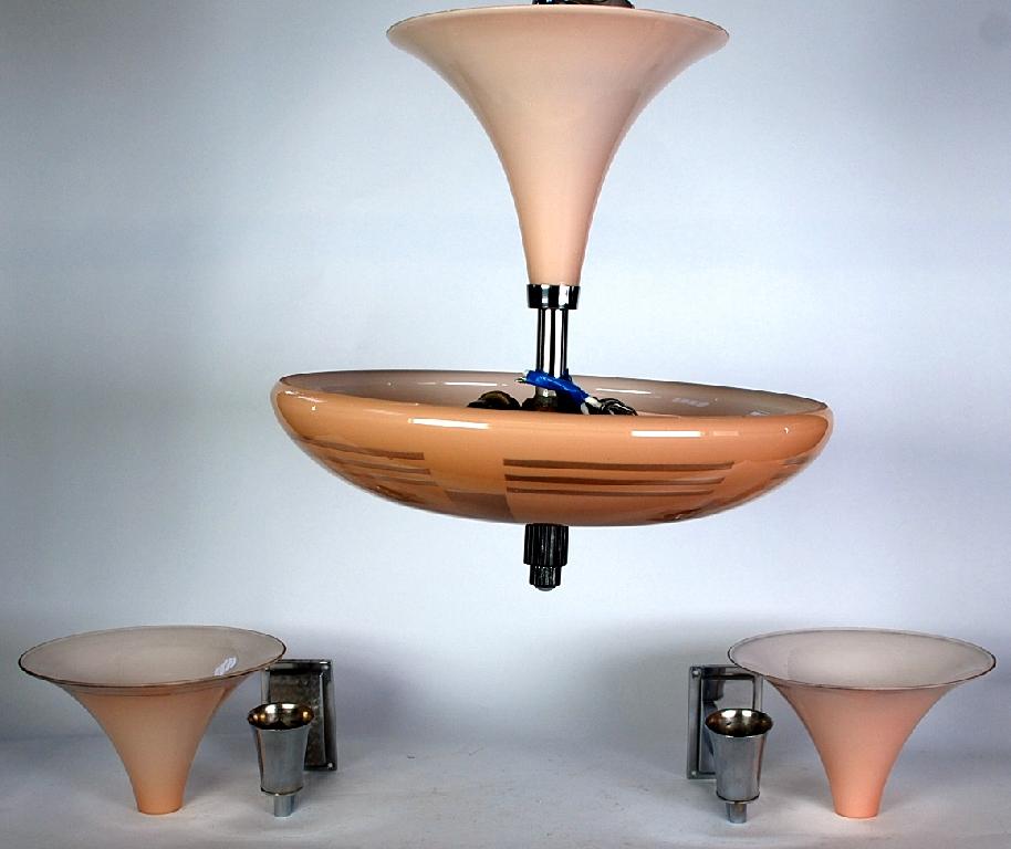 Appraisal: ART DECO STYLE CHROME AND PINK GLASS ELECTRIC CEILING LIGHT