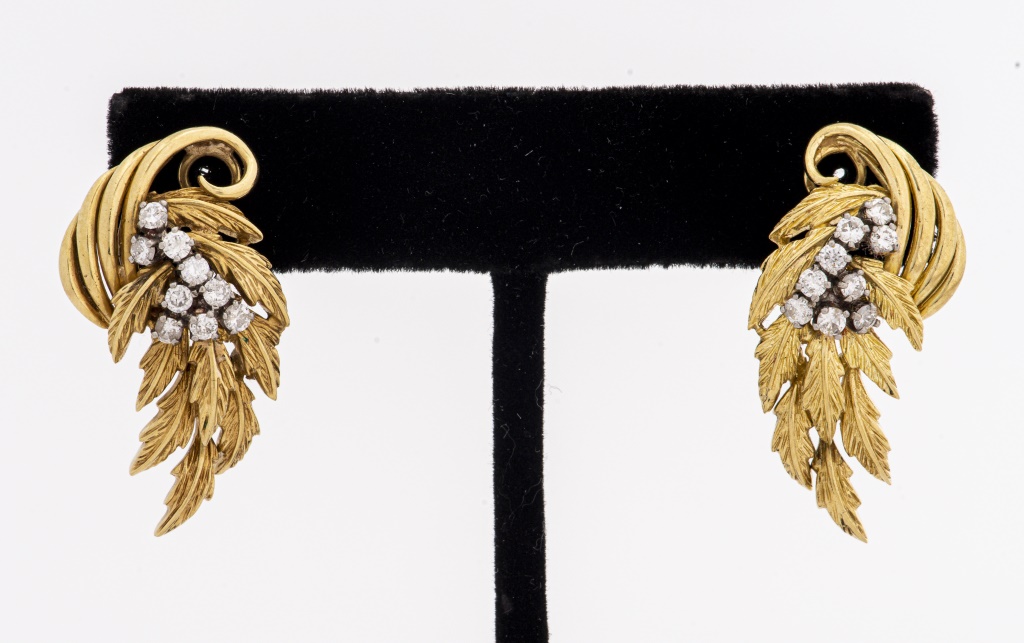 Appraisal: VINTAGE K YELLOW GOLD DIAMOND FEATHER EARRINGS Vintage K yellow