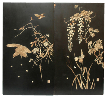 Appraisal: A PAIR OF JAPANESE BONE AND IVORY INLAID PANELS Meiji