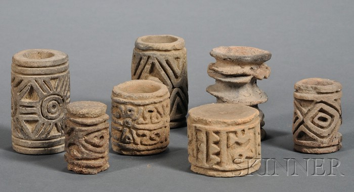 Appraisal: Seven Pre-Columbian Cylindrical Pottery Stamps Colombia with various abstract designs