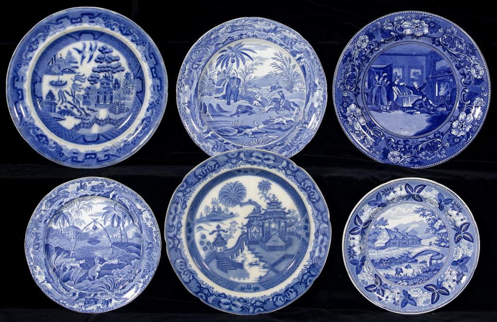 Appraisal: SIX BLUE PRINTED EARTHENWARE PLATES comprising Spode's Indian Sporting Series