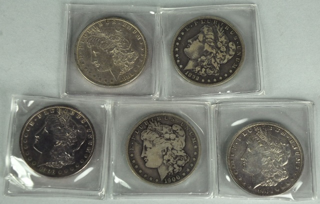 Appraisal: Five Circulated Morgan DollarsIncludes -O -O cleaned -S and -O