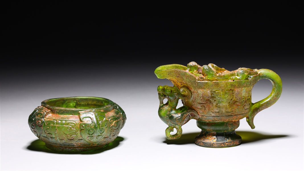 Appraisal: Two Chinese green glass archaistic vessels including brush washer and