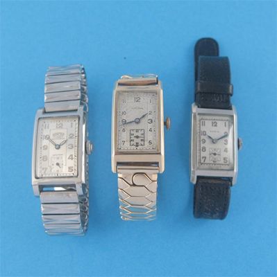 Appraisal: A ct gold rectangular wristwatch by Vulcan metal band With