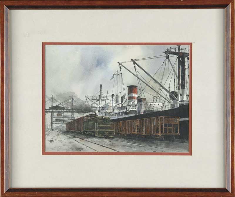 Appraisal: JAMES ROSS American - DOCK SIDE Watercolor scene of large