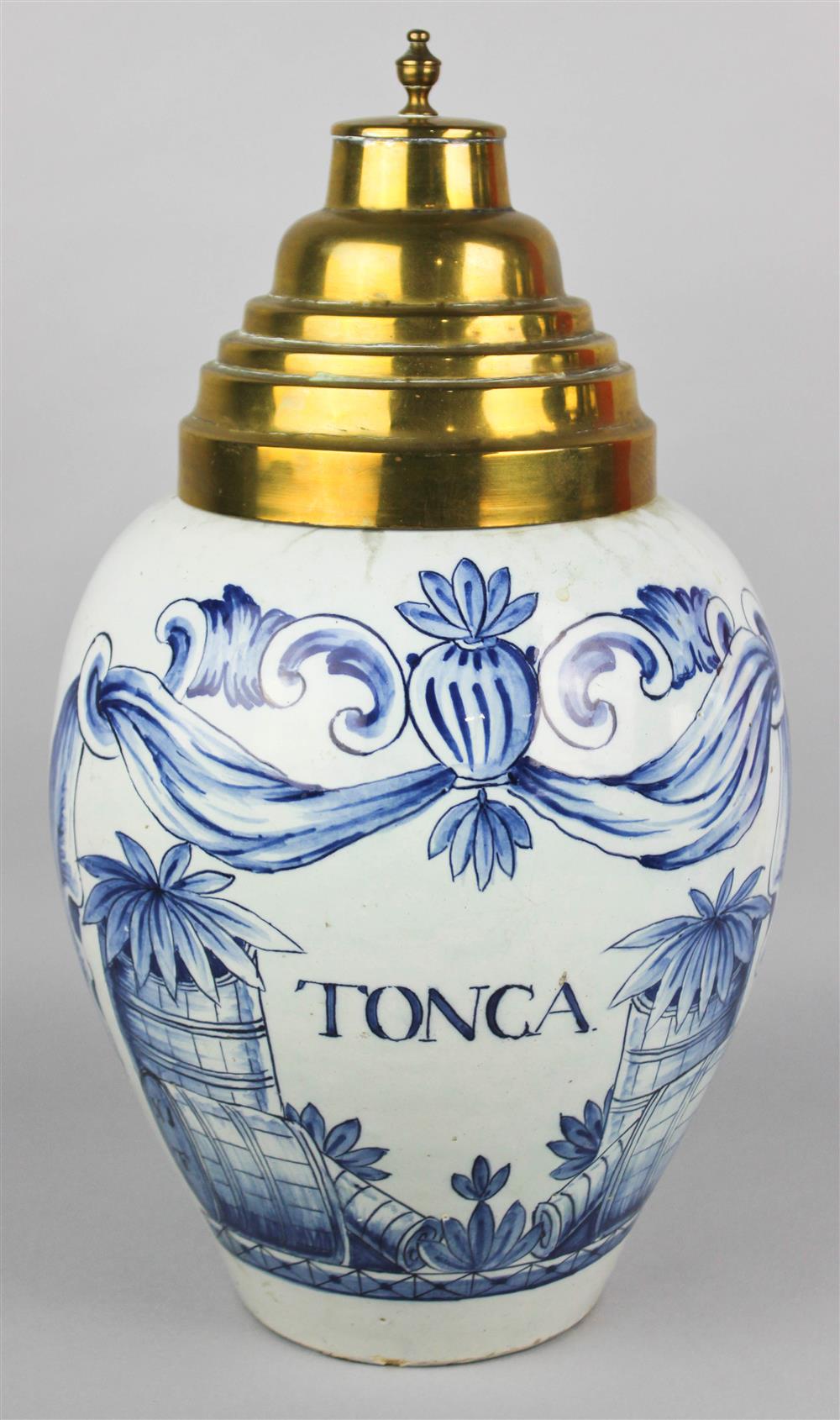 Appraisal: DUTCH DELFT BLUE AND WHITE TOBACCO JAR WITH BRASS COVER