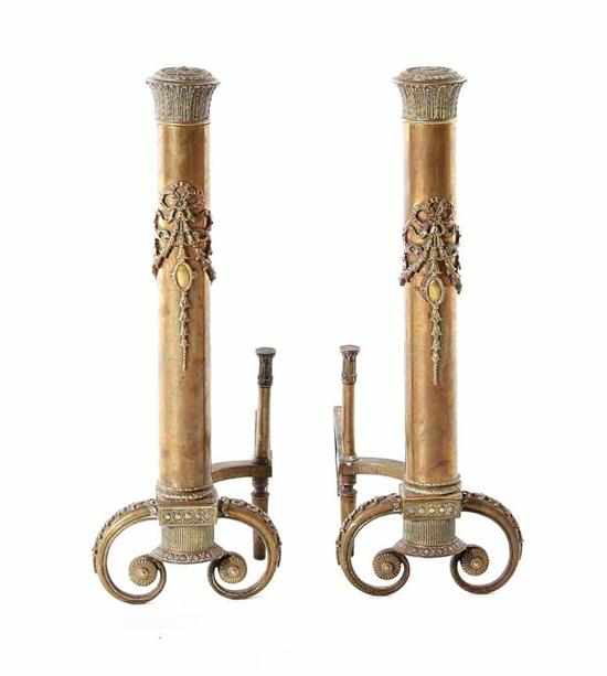 Appraisal: Pair French Empire style andirons late th century cylindrical column