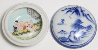 Appraisal: Japanese Shunga Erotica Porcelain Paste Box Blue and white exterior